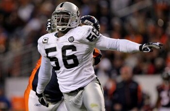 DENVER - NOVEMBER 23:  Derrick Burgess #56 of the Oakland Raiders rushes against the Denver Broncos during week 12 NFL action at Invesco Field at Mile High on November 23, 2008 in Denver, Colorado. Fargas rushed for 107 yards as the Raiders defeated the B