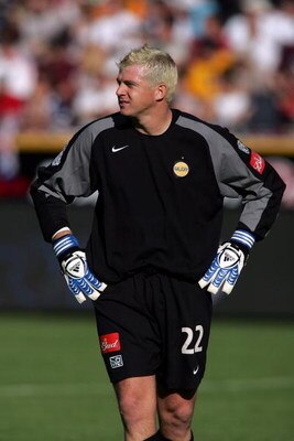FRISCO, TX - NOVEMBER 13:  Goalkeeper Kevin Hartman #22 of the Los Angeles Galaxy looks on during the first half of MLS Cup 2005 against the New England Revolution at Pizza Hut Park on November 13, 2005 in Frisco, Texas. The Galaxy defeated the Revolution