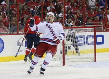 WASHINGTON - APRIL 18: Ryan Callahan #24 of the New York Rangers scores at 7:44 of the first period against the Washington Capitals during Game Two of the Eastern Conference Quarterfinal Round of the 2009 NHL Stanley Cup Playoffs at Verizon Center on Apri