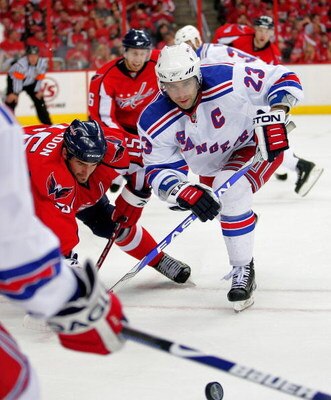 WASHINGTON - APRIL 24:  Boyd Gordon #15 of the Washington Capitals battles for the puck on a face off against Chris Drury #23 of the New York Rangers during Game Five of the Eastern Conference Quarterfinal Round of the 2009 Stanley Cup Playoffs on April 2