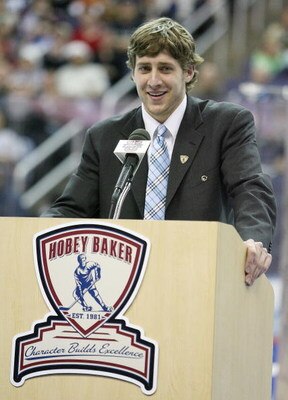 WASHINGTON - APRIL 10: Matt Gilroy of the Boston Terriers addresses the crowd during the Hobey Baker Award Presentation on April 10, 2009 at the Verizon Center in Washington, DC. (Photo by Elsa/Getty Images)