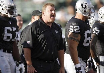 OAKLAND, CA - AUGUST 11:  Offensive line coach Tom Cable of the Oakland Raiders against the Arizona Cardinals on August 11, 2007 at McAfee Coliseum in Oakland, California.  (Photo by Greg Trott/Getty Images)