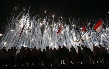 PESCARA, ITALY - JUNE 26:  A fireworks display during the 2009 Mediterranean Games opening ceremony at the Adriatico Stadium on June 26, 2009 in Pescara, Italy.  (Photo by Vittorio Zunino Celotto/Getty Images)