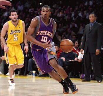LOS ANGELES, CA - FEBRUARY 26:  Leandro Barbosa #10 of the Phoenix Suns drives with the ball during the NBA game against the Los Angeles Lakers at Staples Center on February 26, 2009 in Los Angeles, California.    The Lakers defeated the Suns 132-106.  NO