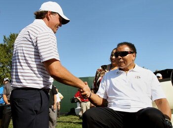 LOUISVILLE, KY - SEPTEMBER 18:  Phil Mickelson of the USA team meets with boxing great Muhammad Ali prior to the 2008 Ryder Cup at Valhalla Golf Club on September 18, 2008 in Louisville, Kentucky.  (Photo by Harry How/Getty Images)