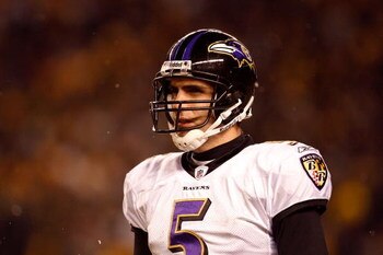 PITTSBURGH - JANUARY 18:  Joe Flacco #5 of the Baltimore Ravens looks on against the Pittsburgh Steelers during the AFC Championship game on January 18, 2009 at Heinz Field in Pittsburgh, Pennsylvania.  (Photo by Streeter Lecka/Getty Images)