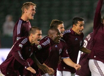 CARSON, CA - APRIL 07:  (L-R) Ty Harden #5, Colin Clark #23, Omar Cummings #14, Jordan Harvey #2 and Ivan Guerrero #12 of the Colorado Rapids react after defeating the Los Angeles Galaxy 4-2 on penalty kicks in their U.S. Open Cup match at The Home Depot 