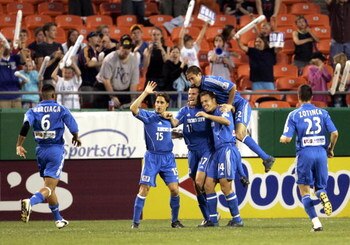 KANSAS CITY, MO - MAY 7:  Chris Klein #17 of the Kansas City Wizards celebrates with teammates after scoring their third goal against FC Dallas in the second half on May 7, 2005 at Arrowhead Stadium in Kansas City, Missouri. The game ended in a 3-3 tie.  