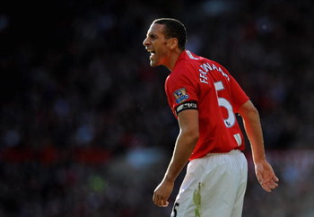 MANCHESTER, UNITED KINGDOM - APRIL 25:  Rio Ferdinand of Manchester United shouts to his team mates during the Barclays Premier League match between Manchester United and Tottenham Hotspur at Old Trafford on April 25, 2009 in Manchester, England. (Photo b