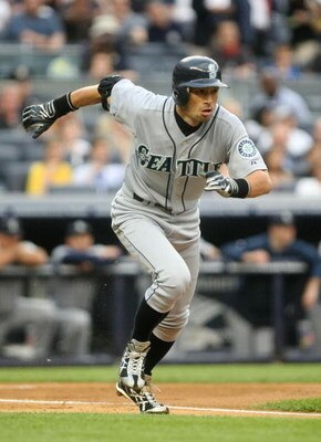 NEW YORK - JULY 2:  Ichiro Suzuki #51 of the Seattle Mariners runs to first base during action against the New York Yankees at Yankee Stadium on July 2, 2009 in the Bronx borough of New York City.  (Photo by Nick Laham/Getty Images)