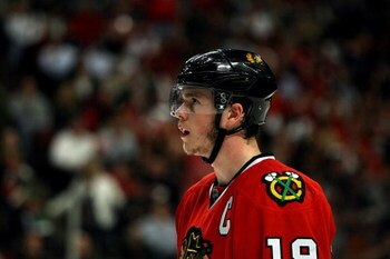 CHICAGO - MAY 07:  Jonathan Toews #19 of the Chicago Blackhawks looks on against the Vancouver Canucks during Game Four of the Western Conference Semifinal Round of the 2009 Stanley Cup Playoffs on May 7, 2009 at the United Center in Chicago, Illinois.  (