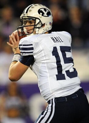 FORT WORTH, TX - OCTOBER 16:  Quarterback Max Hall #15 of the BYU Cougars drops back to pass against the TCU Horned Frogs in the first quarter at Amon G. Carter Stadium on October 16, 2008 in Fort Worth, Texas.  (Photo by Ronald Martinez/Getty Images)