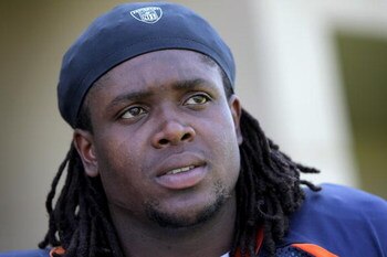 ENGLEWOOD, CO - JULY 29:  Offensive tackle Ryan Clady #78 of the Denver Broncos is interviewed after morning practice during raining camp at their training facility on July 29, 2008 in Englewood, Colorado. Clady was the Broncos first round draft pick in 2