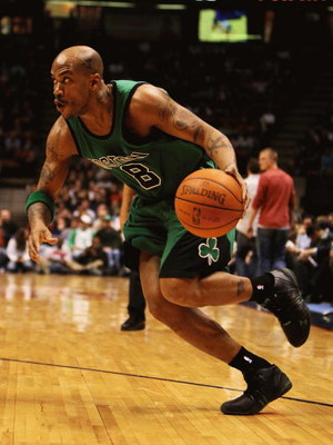 EAST RUTHERFORD, NJ - MARCH 04:  Stephon Marbury #8 of Boston Celtics dribbles the ball against the New Jersey Netsduring their game on March 4th, 2009 at The Izod Center in East Rutherford, New Jersey.  NOTE TO USER: User expressly acknowledges and agree