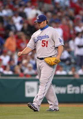 ANAHEIM, CA - JUNE 21:  Pitcher Jonathan Broxton #51 of the Los Angeles Dodgers comes into the game against the Los Angeles Angels of Anaheim on June 21, 2009 at Angel Stadium in Anaheim, California.   The Dodgers won 5-3.  (Photo by Stephen Dunn/Getty Im