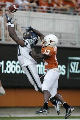 AUSTIN, TX - SEPTEMBER 22:  Ryan Palmer #13 of the Texas Longhorns blocks the vision of Jarrett Dillard #81 of the Rice Owls to prevent a touchdown in the first quarter on September 22, 2007 at  Darrell K. Royal-Texas Memorial Stadium  in Austin, Texas.  