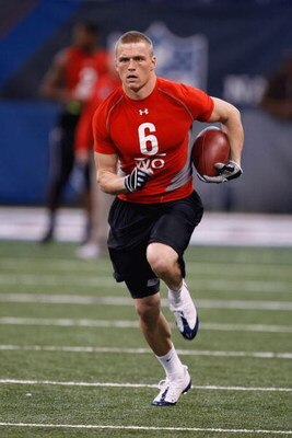 INDIANAPOLIS, IN - FEBRUARY 22:  Wide receiver Austin Collie of Brigham Young catches the football during the NFL Scouting Combine presented by Under Armour at Lucas Oil Stadium on February 22, 2009 in Indianapolis, Indiana. (Photo by Scott Boehm/Getty Im