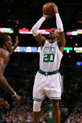 BOSTON - MAY 12:  Ray Allen #20 of the Boston Celtics takes a shot in the first quarter against the Orlando Magic in Game Five of the Eastern Conference Semifinals during the 2009 NBA Playoffs at TD Banknorth Garden May 12, 2009 in Boston, Massachusetts. 