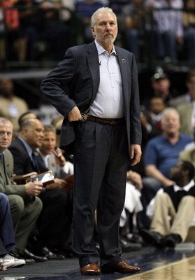 DALLAS - APRIL 25:  Head coach Gregg Popovich of the San Antonio Spurs during play against the Dallas Mavericks in Game Four of the Western Conference Quarterfinals during the 2009 NBA Playoffs at American Airlines Center on April 25, 2009 in Dallas, Texa