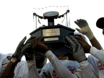 JACKSONVILLE, FL - DECEMBER 1: The Virginia Tech Hokies celebrate a trip to the Orange Bowl after play against the Boston College Eagles in the ACC Championship Game at Jacksonville Municipal Stadium on December 1, 2007 in Jacksonville, Florida.  The Hoki