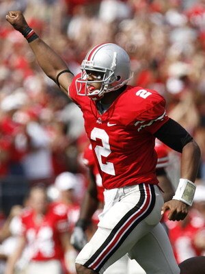 COLUMBUS, OH - SEPTEMBER 20:  Terrelle Pryor #2 of the Ohio State Buckeyes celebrates a fourth quarter touchdown against the Troy Trojans on September 20, 2008 at Ohio Stadium in Columbus, Ohio. Ohio State won the game 28-10. (Photo by Gregory Shamus/Gett
