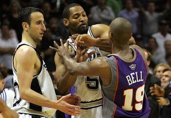 SAN ANTONIO - MAY 14:  Forward Robert Horry #5 of the San Antonio Spurs pushes with Raja Bell #19 after receiving a flagrant foul on Steve Nash in Game Four of the Western Conference Semifinals during the 2007 NBA Playoffs on May 14, 2007 at AT&T Center i