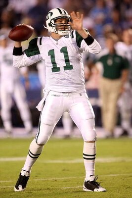 SAN DIEGO - SEPTEMBER 22:  Kellen Clemens #11 of the New York Jets throws the ball in the fourth quarter against the San Diego Chargers on September 22, 2008 at Qualcomm Stadium in San Diego, California.  (Photo by Stephen Dunn/Getty Images)
