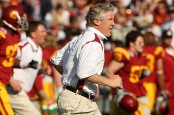 PASADENA, CA - JANUARY 01:  Head coach Pete Carroll of the USC Trojans runs on to the field during warm ups before the game against the Penn State Nittany Lions during the 95th Rose Bowl Game presented by Citi on January 1, 2009 at the Rose Bowl in Pasade