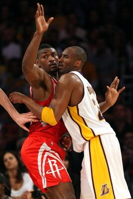 LOS ANGELES, CA - MAY 17:  Kobe Bryant #24 of the Los Angeles Lakers is covered by Ron Artest #96 of the Houston Rockets in the third quarter of Game Seven of the Western Conference Semifinals during the 2009 NBA Playoffs at Staples Center on May 17, 2009