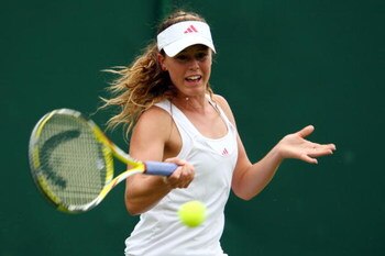 WIMBLEDON, ENGLAND - JUNE 22:  Michelle Larcher de Brito of Portugal plays a forehand during the women's singles final match against Klara Zakopalova of Czech Republic on Day One of the Wimbledon Lawn Tennis Championships at the All England Lawn Tennis an