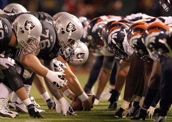 OAKLAND, CA - SEPTEMBER 8:  The Denver Broncos defense line up against the Oakland Raiders offense during the NFL game against the Oakland Raiders on September 8, 2008 at McAfee Coliseum in Oakland, California. The Broncos defeated the Raiders 41-14. (Pho