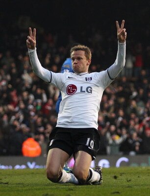 LONDON - JANUARY 31:  Erik Nevland of Fulham celebrates his second goal during the Barclays Premier League match between Fulham and Portsmouth at Craven Cottage on January 31, 2009 in London, England.  (Photo by Hamish Blair/Getty Images)