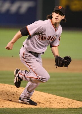 OAKLAND, CA - JUNE 23:  Tim Lincecum #55 of the San Francisco Giants pitches against the Oakland Athletics during a Major League Baseball game on June 23, 2009 at the Oakland Coliseum in Oakland, California.  (Photo by Jed Jacobsohn/Getty Images)