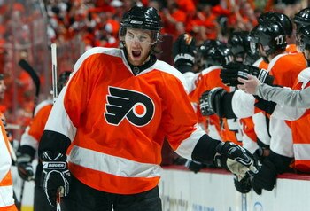 PHILADELPHIA - APRIL 25:  Braydon Coburn #5 of the Philadelphia Flyers skates against the Pittsburgh Penguins during Game Six of the Eastern Conference Quarterfinal Round of the 2009 NHL Stanley Cup Playoffs  at the Wachovia Center on April 25, 2009 in Ph
