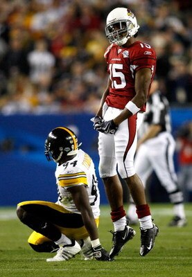 TAMPA, FL - FEBRUARY 01:  Steve Breaston #15 of the Arizona Cardinals reacts after a return against the Pittsburgh Steelers during Super Bowl XLIII on February 1, 2009 at Raymond James Stadium in Tampa, Florida. Steelers won 27-23. (Photo by Chris Graythe