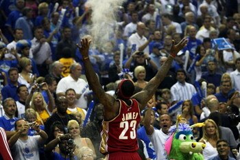 ORLANDO, FL - MAY 24:  LeBron James #23 of the Cleveland Cavaliers throws chalk in the air before the game against the Orlando Magic in Game Three of the Eastern Conference Finals during the 2009 NBA Playoffs at the the Amway Arena on May 24, 2009 in Orla