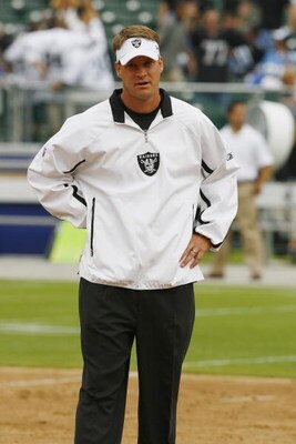 OAKLAND, CA - SEPTEMBER 9:  Head coach Lane Kiffin of the Oakland Raiders watches pregame warmups prior to his regular season head coaching debut against the Detroit Lions at McAfee Coliseum on September 9, 2007 in Oakland, California.  The Lions defeated