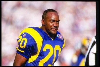 13 Nov 1994:  Defensive back Darryl Henley of the Los Angeles Rams celebrates after making an interception during a game against the Los Angeles Raiders at Anaheim Stadium in Anaheim, California.  The Raiders won the game, 20-17. Mandatory Credit: Al Bell