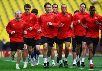 MOSCOW - MAY 20:  The Manchester United squad warm up during the Manchester United training session ahead of the Champions League Final at the Luzhniki Stadium on May 20, 2008 in Moscow, Russia. The Champions League Final will take place in Moscow on May 