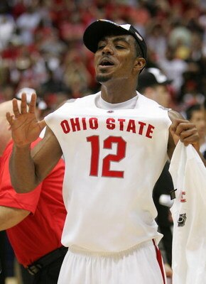 SAN ANTONIO - MARCH 24:  Ron Lewis #12 of the Ohio State Buckeyes pops out his jersey as he celebrates after their 92-76 win against the Memphis Tigers during the south regional final of the NCAA Men's Basketball Tournament at the Alamodome on March 24, 2