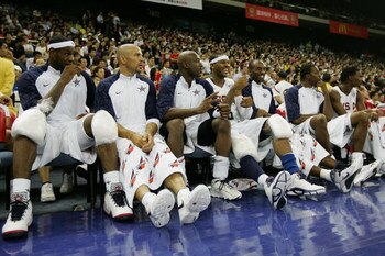 MACAU, CHINA - AUGUST 01:  LeBron James #6, Jason Kidd #5, Dwyane Wade #9, Carmelo Anthony #15 and Kobe Bryant #10 of the USA Basketball Men's Senior National Team talk during the USA Basketball International Challenge exhibition game against the Lithuani