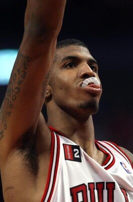 CHICAGO - APRIL 26: Tyrus Thomas #24 of the Chicago Bulls pops his mouthpiece out of his mouth after missing a free throw against the Boston Celtics in Game Four of the Eastern Conference Quarterfinals during the 2009 NBA Playoffs at the United Center on 