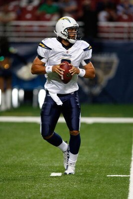 ST. LOUIS, MO - AUGUST 16: Quarterback Charlie Whitehurst #6 of the San Diego Chargers drops back to pass the football against the St. Louis Rams at the Edward Jones Dome on August 16, 2008 in St. Louis Missouri. The Rams defeated the Chargers 7-6. (Photo