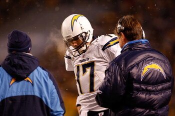 PITTSBURGH - JANUARY 11:  Philip Rivers #17 of the San Diego Chargersstands with his head down next to head coach Norv Turner against the Pittsburgh Steelers during their AFC Divisional Playoff Game on January 11, 2009 at Heinz Field in Pittsburgh, Pennsy