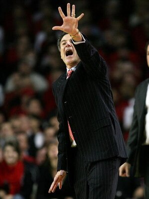 LOUISVILLE, KY - JANUARY 12:  Rick Pitino, the Head Coach of the Louisville Cardinals, gives instructions to his team during the Big East Conference game against the Notre Dame Fighting Irish on January 12, 2009 at Freedom Hall in Louisville, Kentucky. Lo