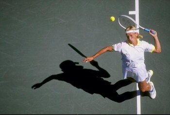 Martina Navratilova serves the ball during a match at the US Open in Flushing Meadows, New York.