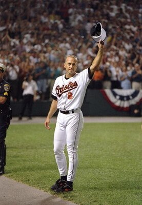 6 Sep 1995:  Shortstop Cal Ripken of the Baltimore Orioles raises hat to crowd at Camden Yards in Baltimore, Maryland  acknowledging congratulations for breaking Lou Gehrig''s record for consecutive games played.  The game was against the California Angel