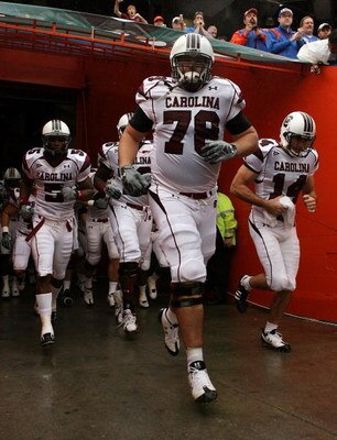 GAINESVILLE, FL - NOVEMBER 15:  Offensive lineman Justin Sorensen #78 of the South Carolina Gamecocks leads his team out of the tunnel before facing the Florida Gators at Ben Hill Griffin Stadium on November 15, 2008 in Gainesville, Florida. Florida defea