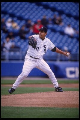 24 May 1995: Pitcher Wilson Alvarez of the Chicago White Sox practices throwing at Comiskey Park in Chicago, Illinois before the game against the Texas Rangers. The White Sox defeated the Rangers 10-6.