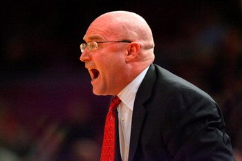 NEW YORK - MARCH 10:  Head coach Fred Hill of the Rutgers Scarlet Knights yells from the bench against the Notre Dame Fighting Irish during the first round of the Big East Tournament at Madison Square Garden on March 10, 2009 in New York City.  (Photo by 